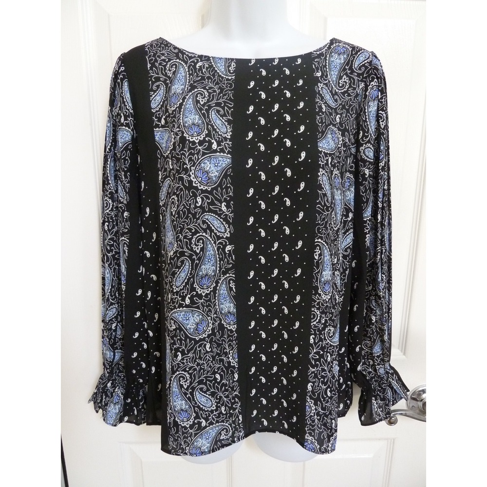 Tahari Women Medium Pullover Career Blouse Elastic Wrists Paisley Blue Black